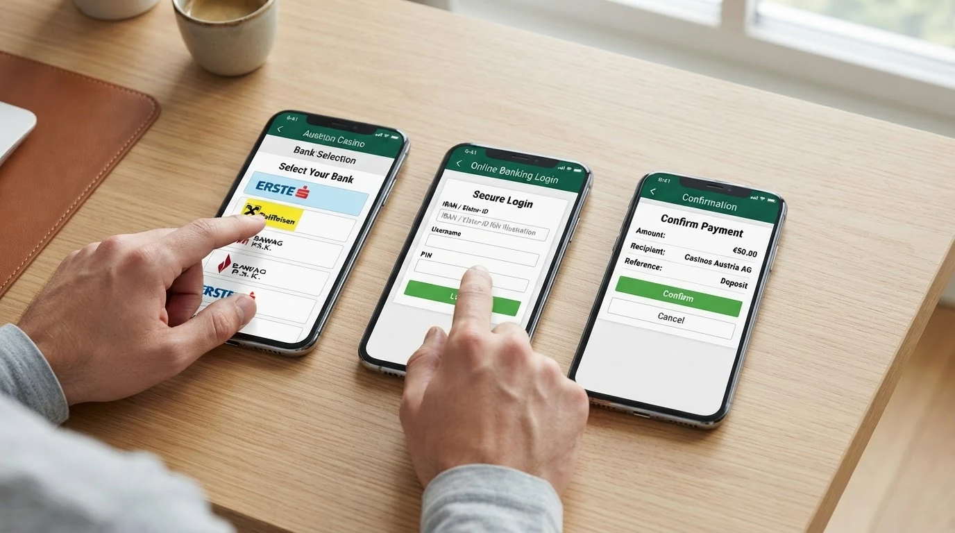 Drei nebeneinanderliegende Schritte des Trustly-Einzahlungsvorgangs: Bankauswahl, Online-Banking-Login mit IBAN, TAN-Bestätigung