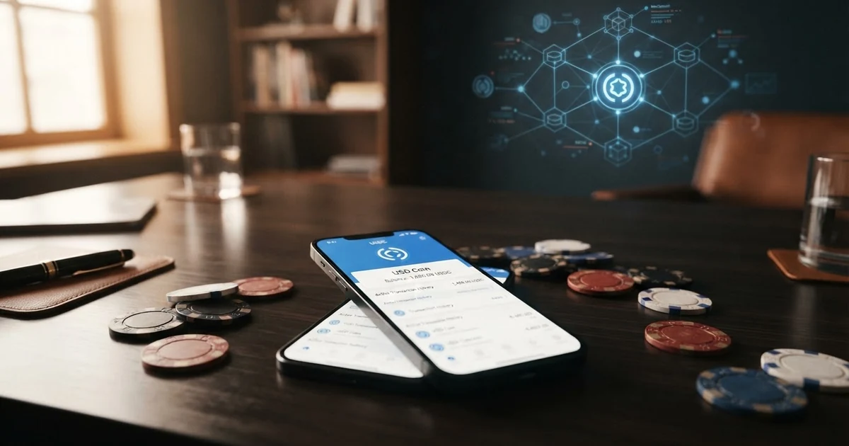USDC-Logo auf einem Smartphone-Bildschirm über einer Casino-Chip-Grafik mit Blockchain-Netzwerkknoten im Hintergrund