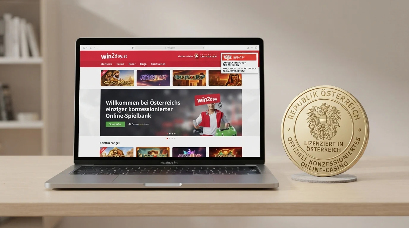 win2day-Startseite auf einem Laptop-Bildschirm, daneben das BMF-Konzessionssymbol und ein Schloss-Icon