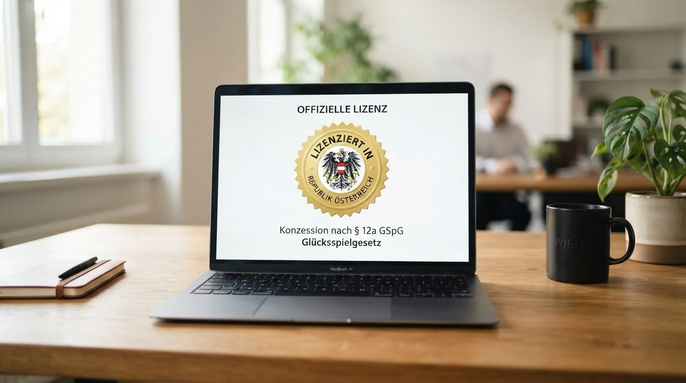 Das win2day-Logo auf einem Bildschirm, eingeblendet der Schriftzug „Konzession nach § 12a GSpG“ und das österreichische Bundeswappen.