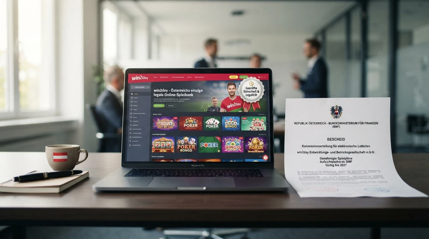 Ein offiziell wirkendes Dokument mit Bundesadler und BMF-Schriftzug, daneben das win2day-Logo auf einem Laptop-Bildschirm mit geöffneter Casino-Lobby