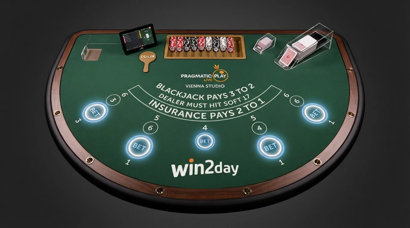 Custom-Blackjack-Tisch im Pragmatic-Play-Studio Wien mit win2day-Branding auf dem Filz und digitalen Wettfeldern