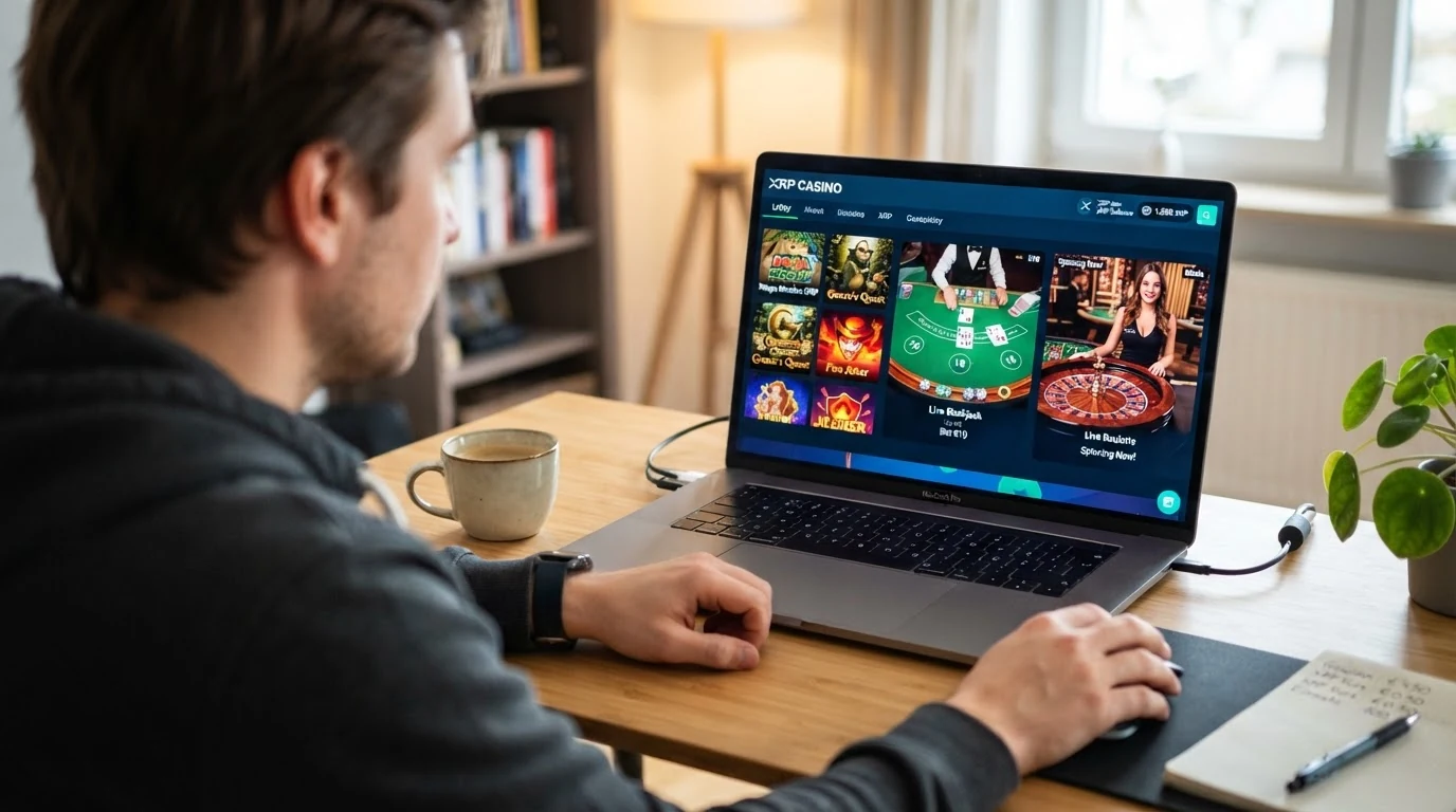 Bildschirm-Collage: Slot-Walzen, Blackjack-Tisch und Live-Casino-Stream mit XRP-Logo als Einsatzwährung