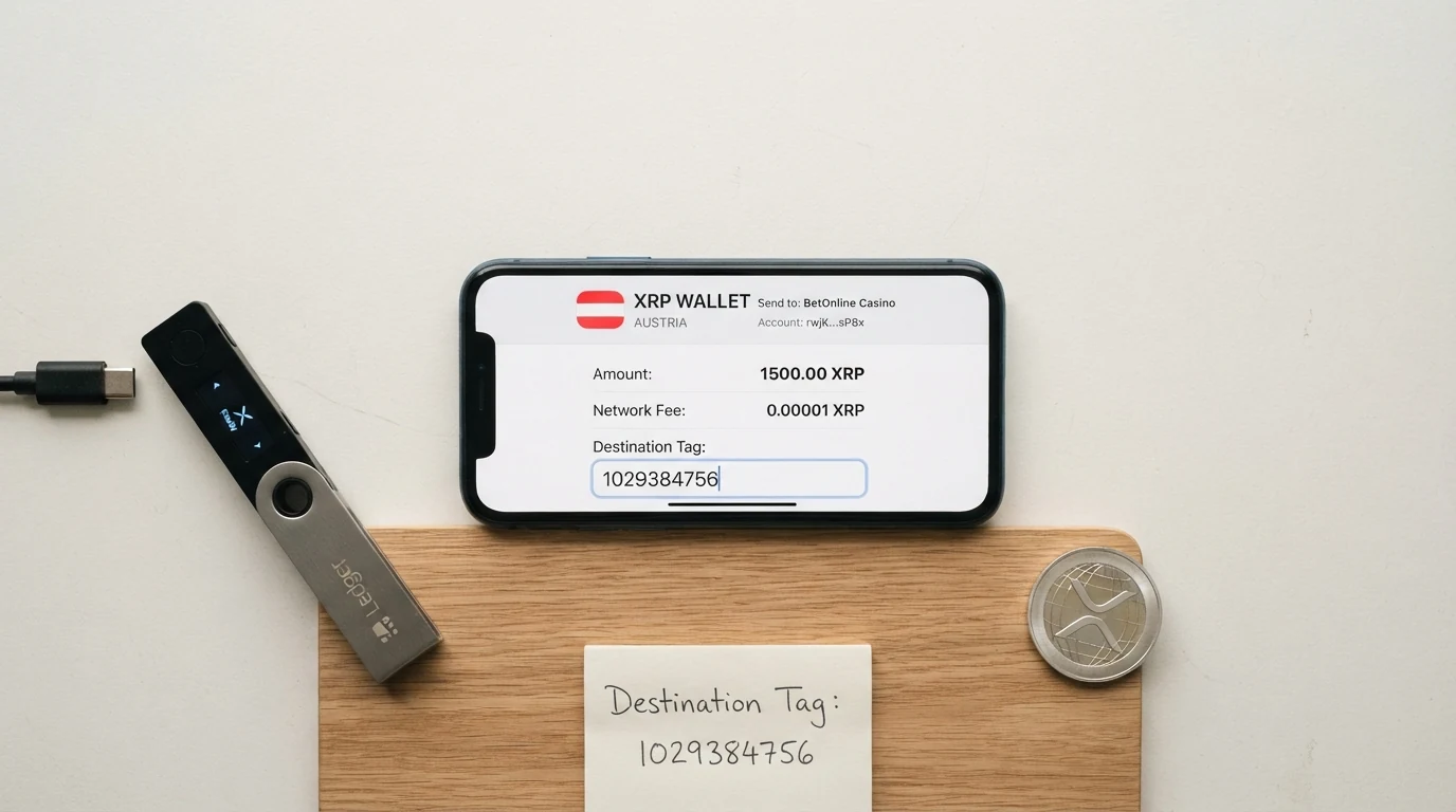 Schema einer XRP-Transaktion vom Wallet zum Casino und zurück: Einzahlung in 3–5 Sekunden, Auszahlung in Minuten bis Stunden je nach Anbieter