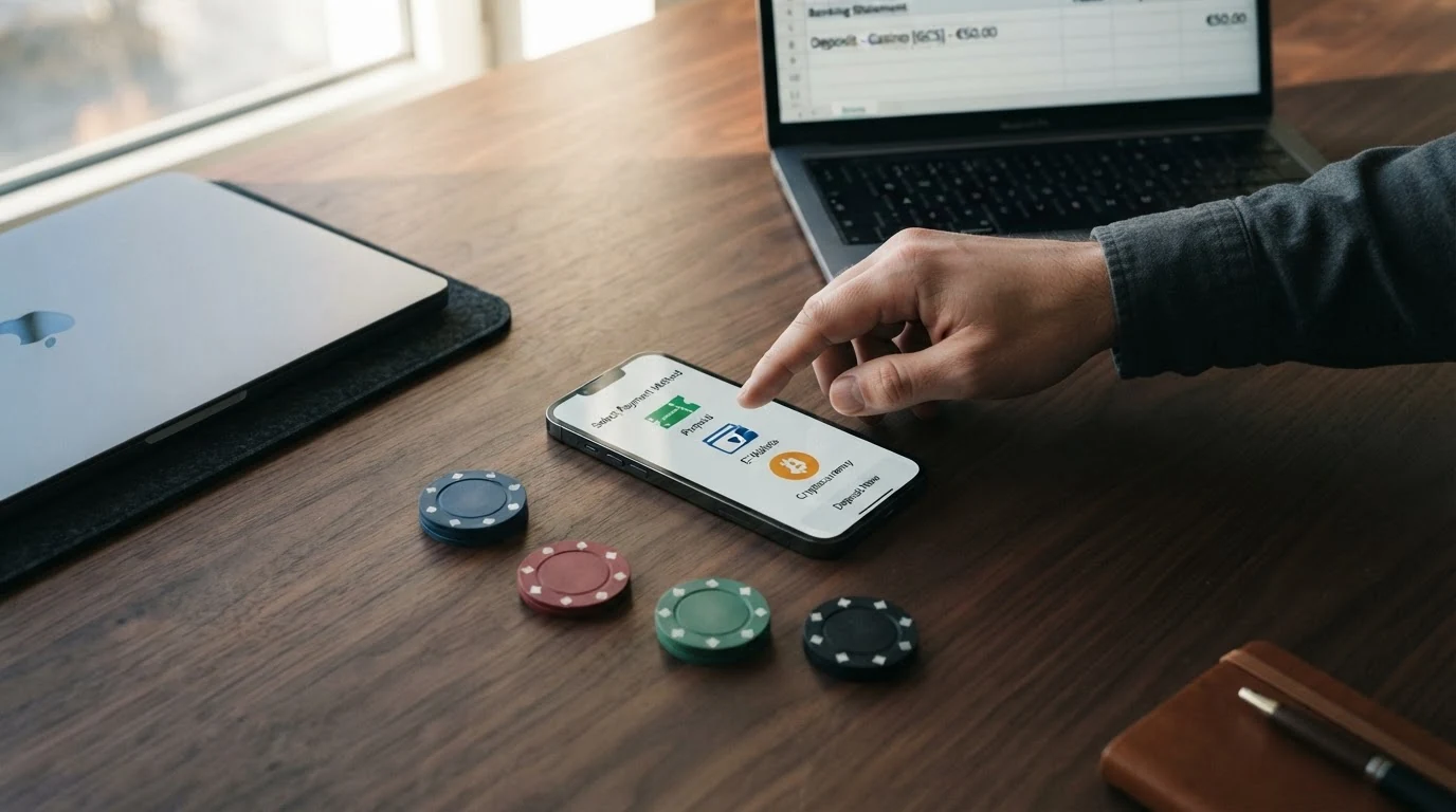 Smartphone mit geöffneten Logos von Paysafecard, Skrill, Neteller und Bitcoin vor einem Kontoauszug