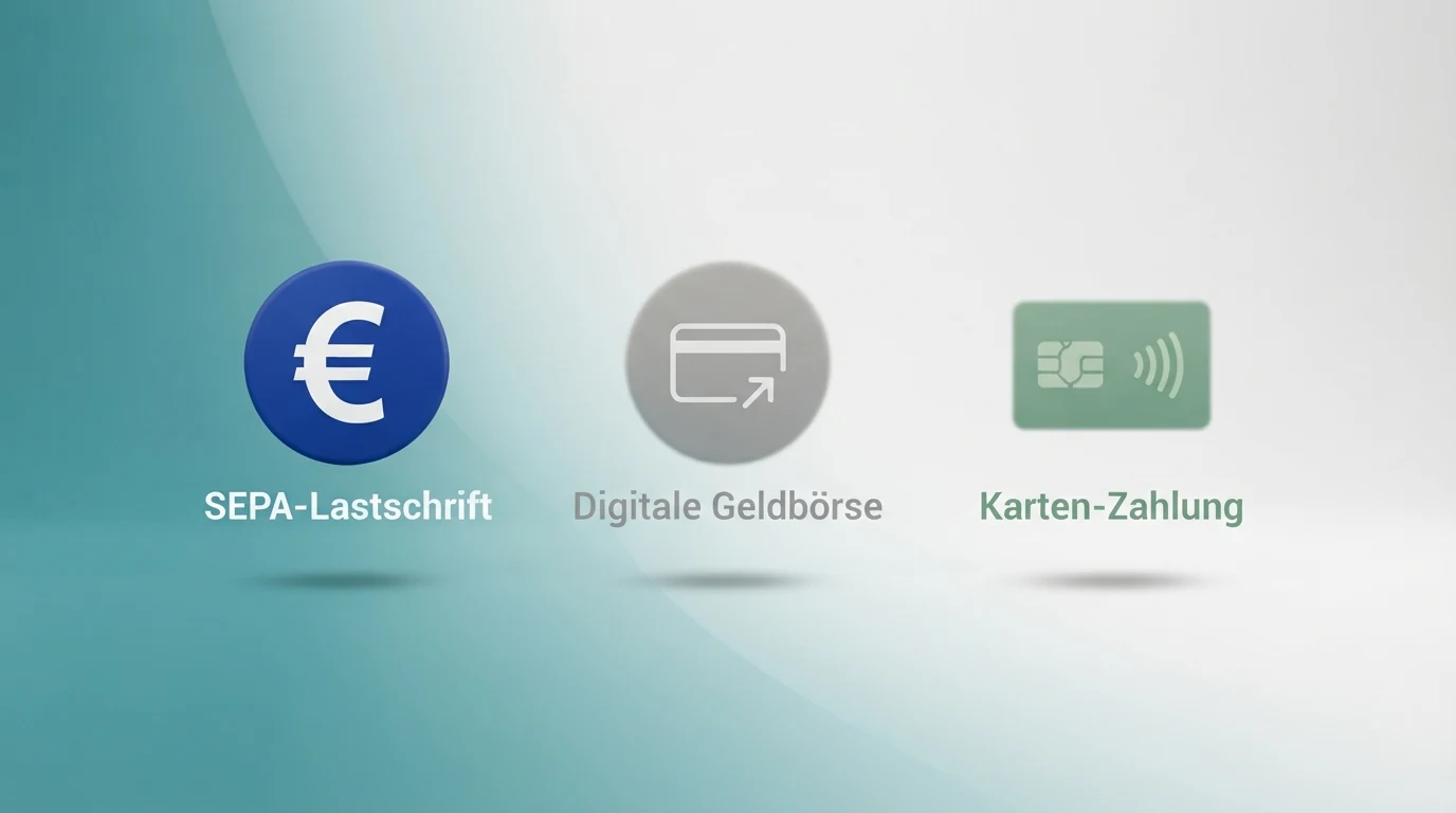 Drei nebeneinanderliegende Zahlungssymbole — SEPA-Lastschrift, PayPal und Klarna — die Lastschrift hervorgehoben, die anderen ausgegraut